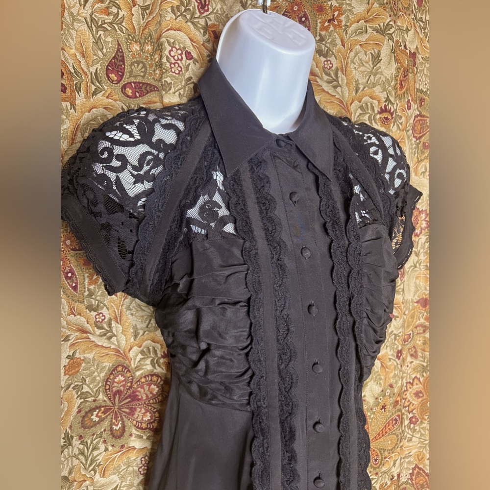 Vintage Bebe Silk Button Up Blouse w/Sheer Lace Burlesque Retro Pinup Goth XS - Picture 8 of 11